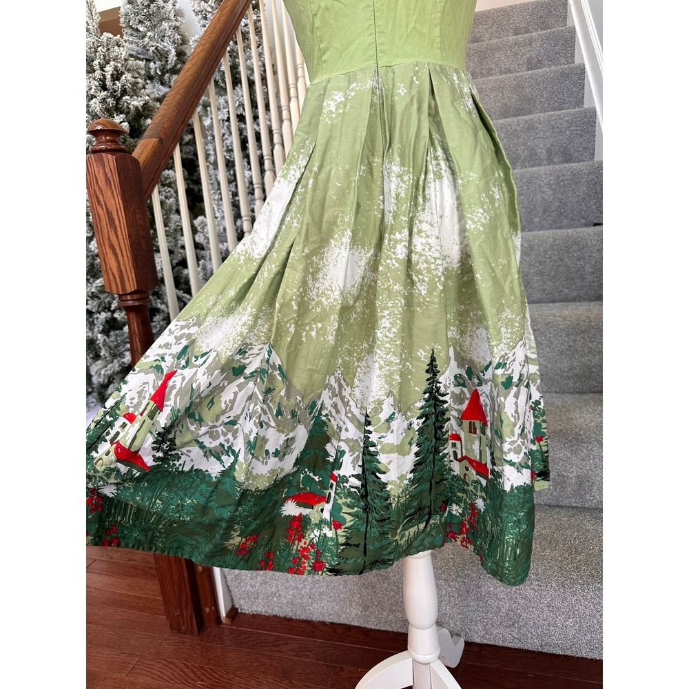 Unique Vintage 1950s Style Milk Maid Retro Swiss Alps Green White Cocktail Dress - Picture 10 of 12